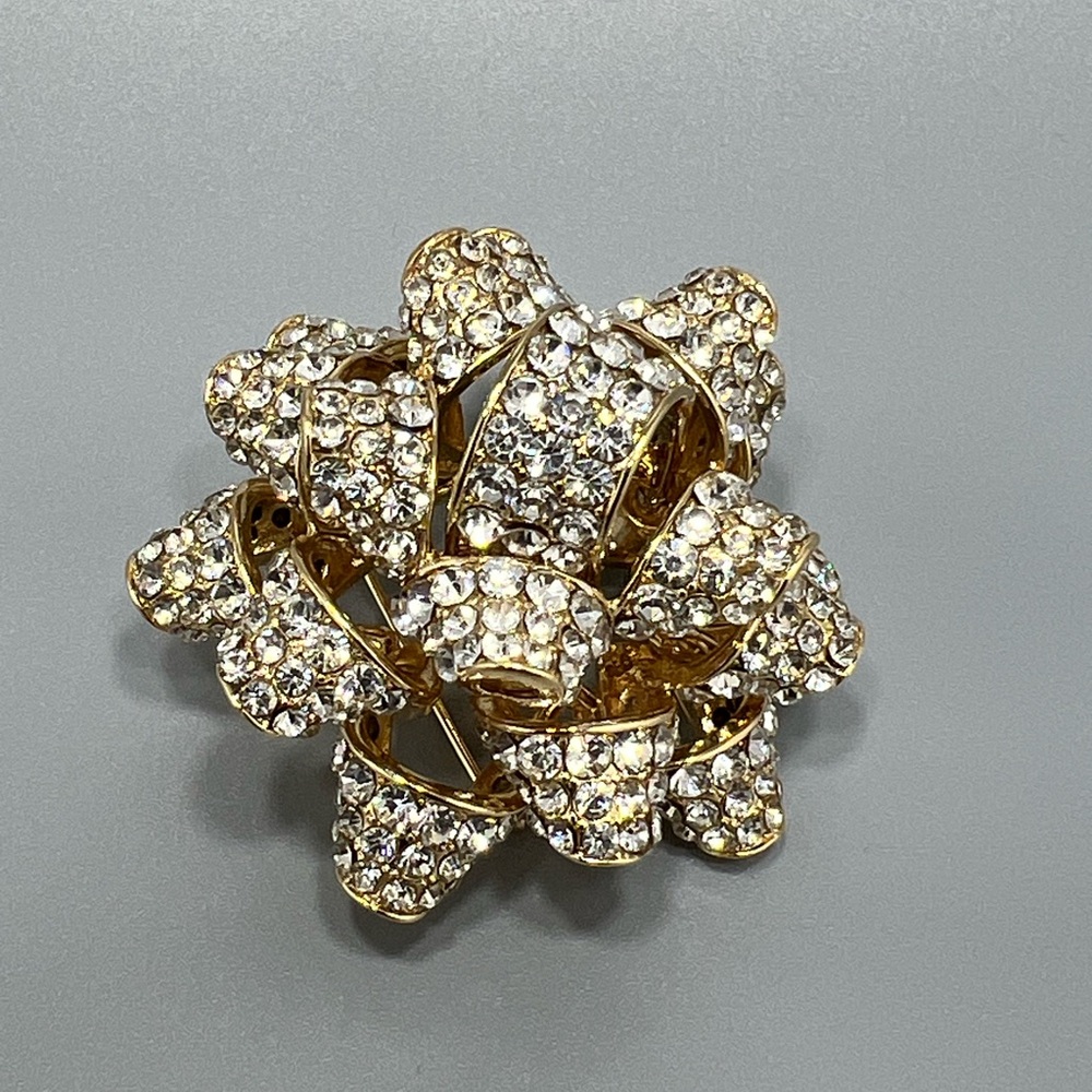 Gold Tone Crystal Bow Brooch